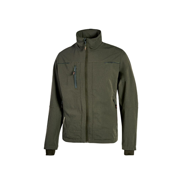 Upower Pluton Chaqueta de Tela Resistente - Talla L - Suave, Repelente al Agua, Transpirable, Secado Rapido, Multiples Bolsillos, Capuchon Ajustable, Puños a Prueba de Viento, Proteccion DPI1 - Color Verde Oscuro