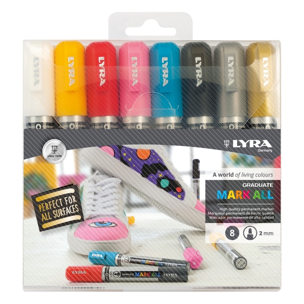 Lyra Mark All Pack de 8 Rotuladores Permanentes - Multisuperficie - Punta Redonda - 2mm - Blister - Colores Surtidos