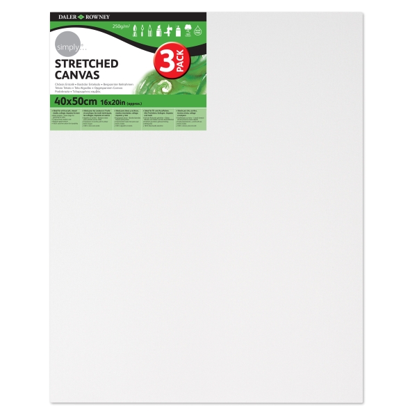 Daler Rowney Simply Pack de 3 Bastidores Entelados- 40x50cm - Imprimacion Triple - Grano Medio - 100% Algodon sin Acido - 250g - Color Blanco