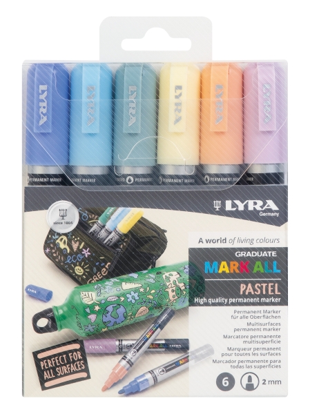 Lyra Mark All Pack de 6 Rotuladores Permanentes - Multisuperficie - Punta Redonda - 2mm - Colores Pastel