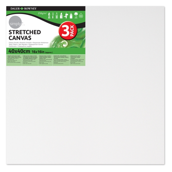 Daler Rowney Simply Pack de 3 Bastidores Entelados- 40x40cm - Imprimacion Triple - Grano Medio - 100% Algodon sin Acido - 250g - Color Blanco