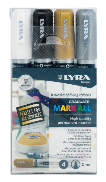 Lyra Mark All Pack de 4 Rotuladores Permanentes - Multisuperficie - Punta Redonda - 2mm - Colores Negro, Blanco, Oro y Plata