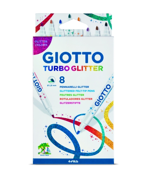 Giotto Turbo Glitter Pack de 8 Rotuladores con Tinta de Purpurina - Punta Fina 2.8mm - Colores Surtidos