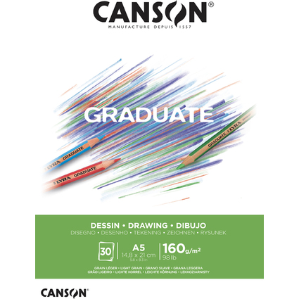 Canson Graduate Dibujo Bloc Encolado de 30 Hojas A5 - 160g - Grano Fino - Color Blanco Natural