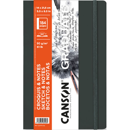 Canson Graduate Sketch Cuaderno con 92 Hojas - 14x21.6cm - 90g - Grano Fino - Tapa Blanda - Color Gris Oscuro