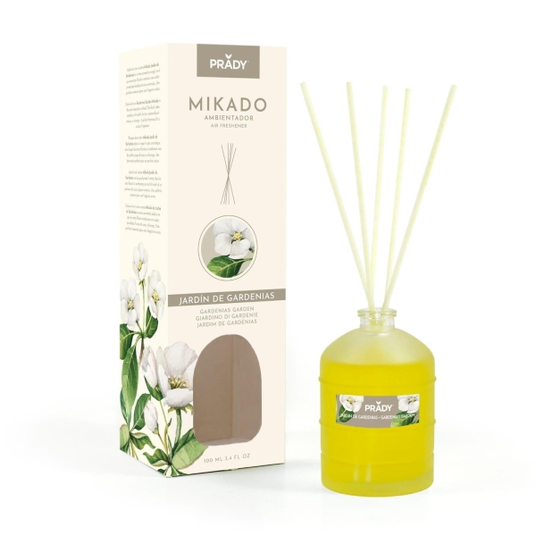 Prady Ambientador Mikado Jardin de Gardenias - Frasco de Cristal 100 ml y Varitas Difusoras