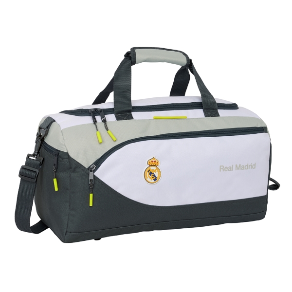Safta Real Madrid Equipacion 25/26 Bolsa Deporte - Asa de Mano - Bandolera Ajustable y Extraible - 50x25x25cm - Color Blanco/Negro
