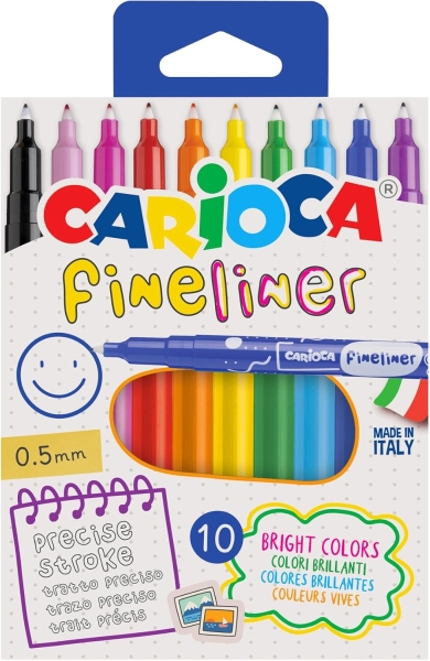 Carioca Fineliner Pack de 10 Rotuladores - Punta Blanca de Acetal 0.5mm - Colores Surtidos