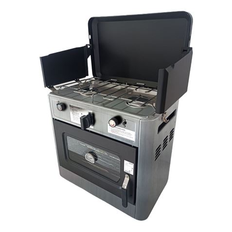 Muvip Cocina de Gas con 2 Fuegos - Tapa Protectora - Horno de 15 Litros - Sistema de Seguridad - Pantalla Paraviento - 49x34x45.5cm - Color Acero