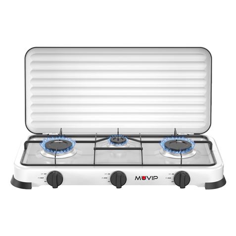Muvip Vulcano Cocina de Gas con 3 Fuegos - Tapa Protectora - Patas de Goma - Superficie Esmaltada - Quemador Extraible - 57.7x27.8x5.3cm - Color Blanco