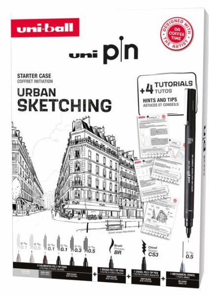 Uni-ball Uni Pin Urban Sketching Pack de 8 Rotuladores Calibrados 0.1, 0.3, 0.5, Brush y CS3 + 1 Portaminas Shalaku S + 4 Tutoriales + Consejos y Sugerencias de DA COFFEE TIME - Tinta Pigmentada Resistente al Agua y Luz - Colores Surtidos