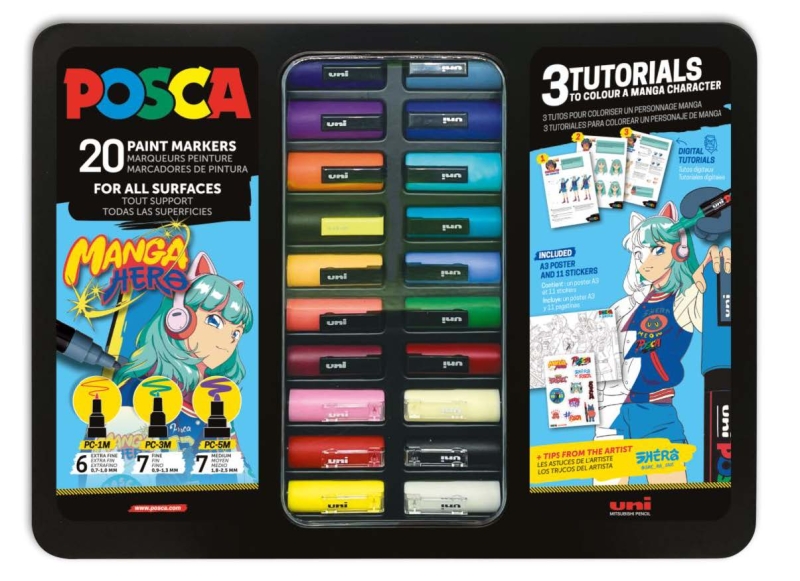 Posca Manga Hero Maleta Metalica con 20 Marcadores de Pintura + 3 Tutoriales - Surtido en Color y Trazo - Punta de Poliester - Tinta Pigmentada Base Agua - Resistente a la Luz - Colores Surtidos