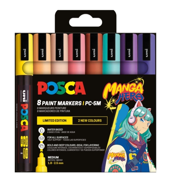 Posca Manga Hero Edicion Limitada PC-5M Pack con 8 Marcadores de Pintura - Punta de Bala 1.8-2.5mm - Tinta Base al Agua - Resistente a la Luz - No Permanente - Colores Pastel Surtidos