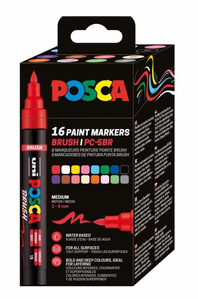 Posca PC-5BR Caja con 16 Marcadores de Pintura - Punta Brush 1-4mm - Tinta Base al Agua - Resistente a la Luz - No Permanente - Colores Surtidos