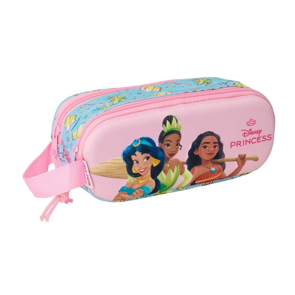 Safta Princesas Disney Estuche Portatodo 3D de 1L - 2 Compartimentos - Cierre de Cremallera - Asa de Mano - 21x8x6cm - Color Azul Claro