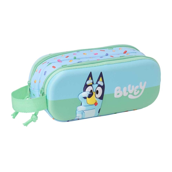 Safta Bluey Estuche Portatodo 3D de 1L - 2 Compartimentos - Cierre de Cremallera - Asa de Mano - 21x8x6cm - Color Azul Claro