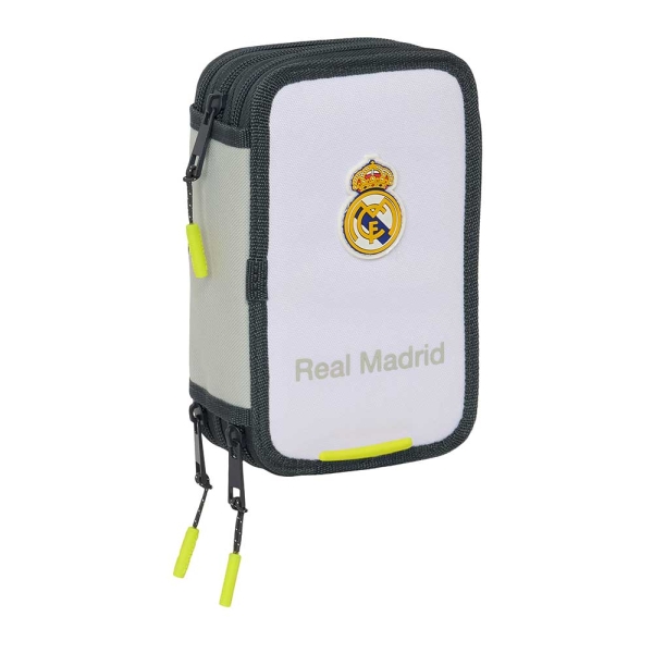 Safta Real Madrid Plumier de 1.3L con 37 Piezas - 3 Compartimentos - Cierre de Cremallera - 12.5x19.5x5.5cm - Color Blanco y Negro