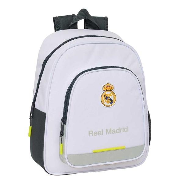 Safta Real Madrid Mochila Infantil de 10L - Adaptable a Carro - 2 Compartimentos - Portabotellas - 28x34x10cm - Color Blanco y Negro