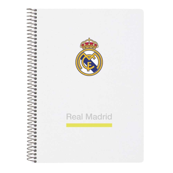 Safta Real Madrid Cuaderno Espiral - Tapas Duras - 80 Hojas A4 con Cuadriculada 4X4mm - Formato Cuarto - 15.5x22x1cm - Color Blanco y Negro