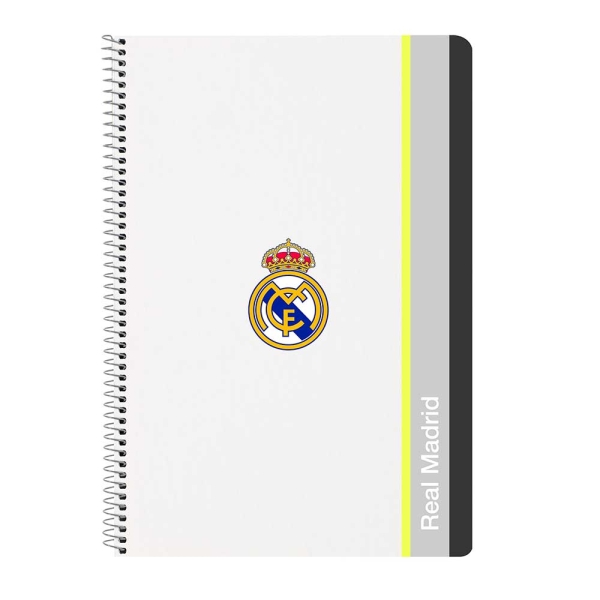 Safta Real Madrid Cuaderno Espiral - Tapas Duras - 80 Hojas A4 con Cuadriculada 4X4mm - Formato Folio - 21.5x31x1cm - Color Blanco y Negro