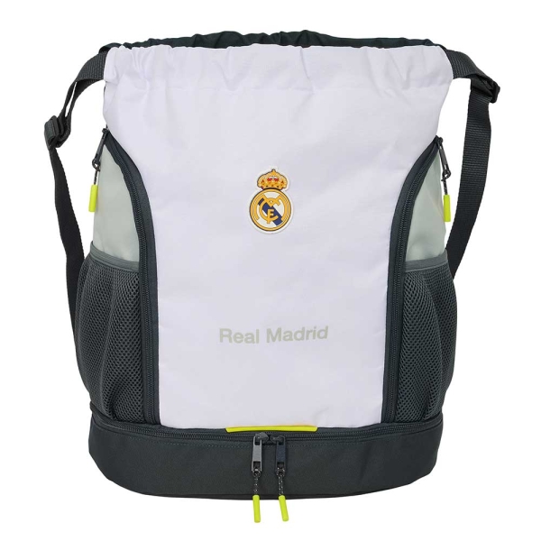 Safta Real Madrid Saco Mochila de 21.93L - Portabotellas - Hombreras Ajustables - Bolsillos con Cremallera - 35x40x1cm - Color Blanco y Negro