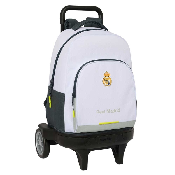 Safta Real Madrid Compact Mochila con Carro Integrado - Portabotellas - Extraible para Limpieza - Ruedas con Goma Antivibracion - Carro de PP, Acero y PVC - 33x45x22cm - Color Blanco y Negro