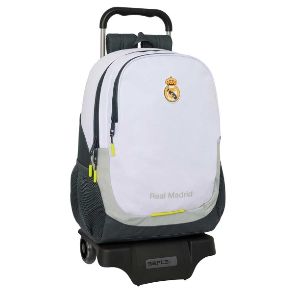 Safta Real Madrid Mochila de 22.5L con Carro 905 Integrado - Portabotellas - Extraible para Limpieza - Carro de PP, Acero y PVC - 32x44x16cm - Color Blanco y Negro