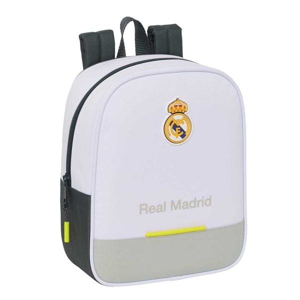 Safta Real Madrid Mochila Guarderia de 6L - Adaptable a Carro - Tarjeta de Identificacion Personal - Cierre de Cremallera - 22x27x10cm - Color Blanco y Negro