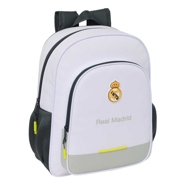 Safta Real Madrid Mochila Infantil de 15L - Adaptable a Carro - 2 Compartimentos - Portabotellas - 32x38x12cm - Color Blanco y Negro