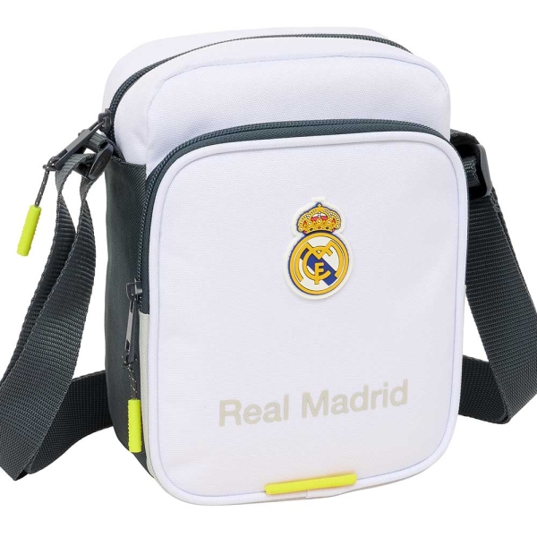 Safta Real Madrid Bandolera de 2L - Ajustable - Bolsillo Trasero con Velcro - Cierre con Cremallera - 16x22x6cm - Color Blanco y Negro