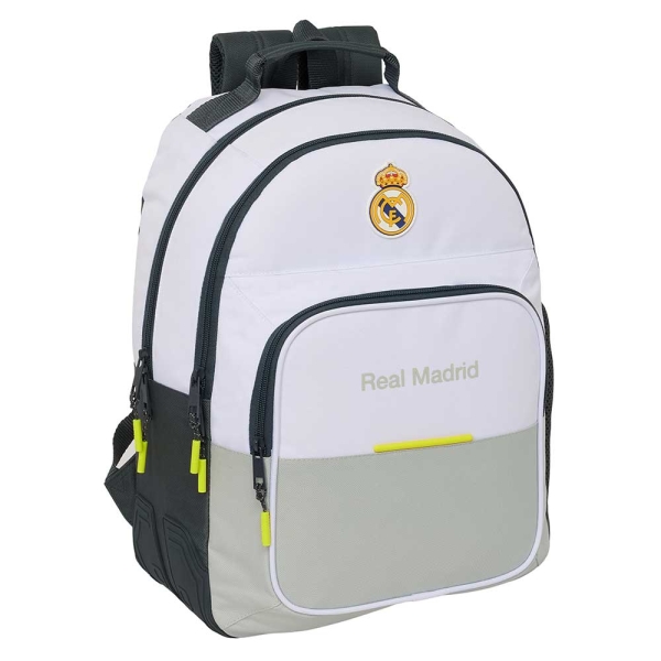 Safta Real Madrid Mochila Escolar de 20L - Adaptable a Carro - 3 Compartimentos - Portabotellas - 32x42x15cm - Color Blanco y Negro