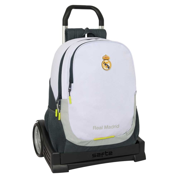 Safta Real Madrid Mochila de 22.5L con Carro Evolution Integrado - Portabotellas - Extraible para Limpieza - Carro de PP, Acero y PVC - 32x44x16cm - Color Blanco y Negro
