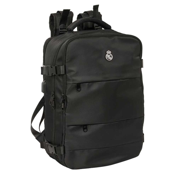 Safta Real Madrid Mochila de Viaje Cabina de 23.1L - Espacio para Portatil hasta 15.6" - USB Integrado - Zapatero con Cremallera - 29x44x19cm - Color Negro