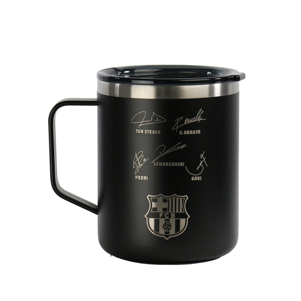 Safta F.C.Barcelona Taza Acero Inoxidable 400mL - Doble Pared - Base de Silicona - Acero Inoxidable - Tapa y Asa - 12H Caliente / 24H Frio - 10.7x8.4x8.4cm - Color Negro