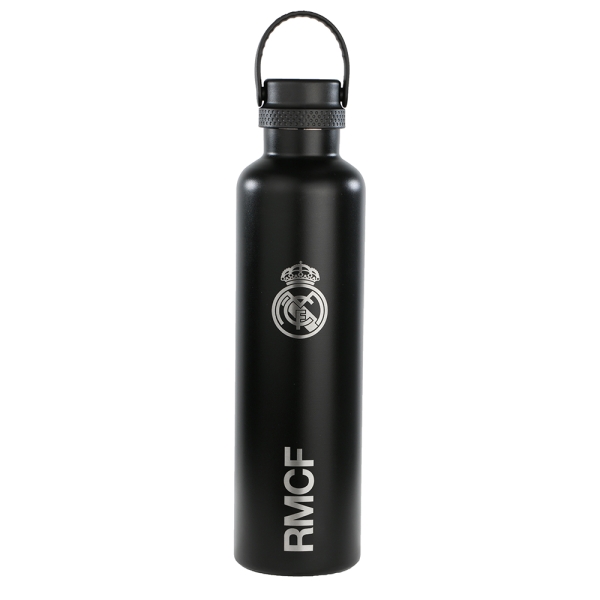 Safta Real Madrid Botella Reutilizable 1L - Doble Pared - Base de Silicona - Acero Inoxidable - Tapon a Rosca con Asa - 12H Caliente / 24H Frio - 31.5x8.4x8.4cm - Color Negro