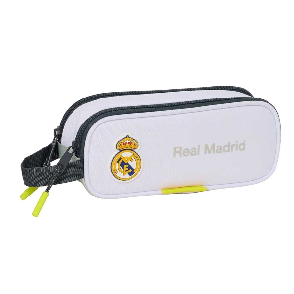 Safta Real Madrid Estuche Portatodo de 1L - 2 Compartimentos - Cierre de Cremallera - Asa de Mano - 21x8x6cm - Color Blanco y Negro
