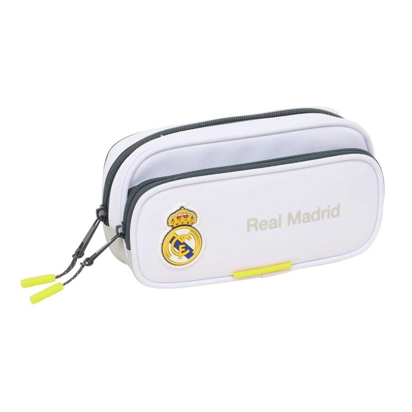 Safta Real Madrid Estuche Portatodo de 1.3L - 2 Compartimentos - Bolsillo Lateral - Cierre con Cremallera - 21x10.5x6cm - Color Blanco y Negro