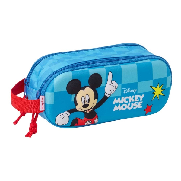 Safta Mickey Mouse Estuche Portatodo 3D de 1L - 2 Compartimentos - Cierre de Cremallera - Asa de Mano - 21x8x6cm - Color Rojo y Azul