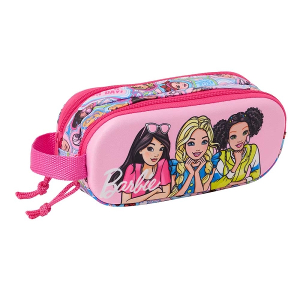 Safta Barbie Estuche Portatodo 3D de 1L - 2 Compartimentos - Cierre de Cremallera - Asa de Mano - 21x8x6cm - Color Rosa