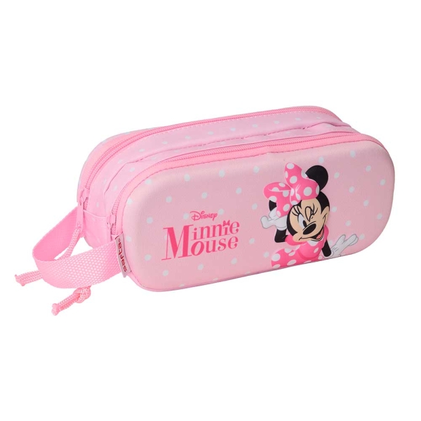Safta Minnie Mouse Estuche Portatodo 3D de 1L - 2 Compartimentos - Cierre de Cremallera - Asa de Mano - 21x8x6cm - Color Rosa Pastel