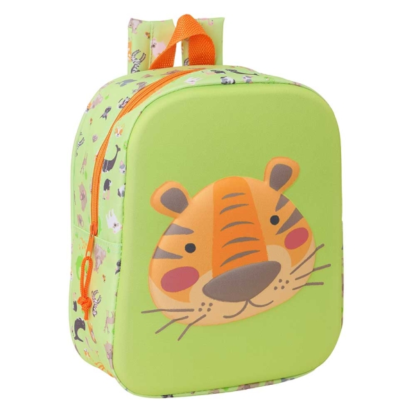 Safta Tiger Mochila Guarderia 3D de 6L - Asa de Mano Superior - Asas Regulables y Acolchadas - Cierre de Cremallera - 22x27x10cm - Color Verde Claro