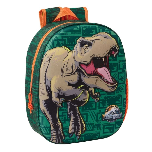 Safta Jurassic World Mochila 3D de 8.64L - Portabotellas - Tarjeta de Identificacion Personal - Hombreras Acolchadas - 27x33x10cm - Color Verde Oscuro