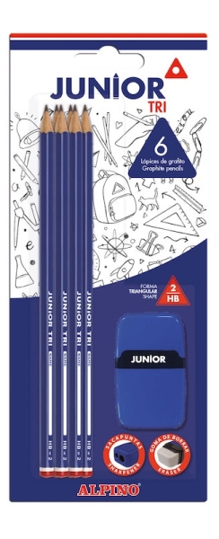 Alpino Junior Tri Blister de 6 Lapices de Grafito HB Triangulares + Sacapunta con Goma de Borrar - Espacio para el Nombre