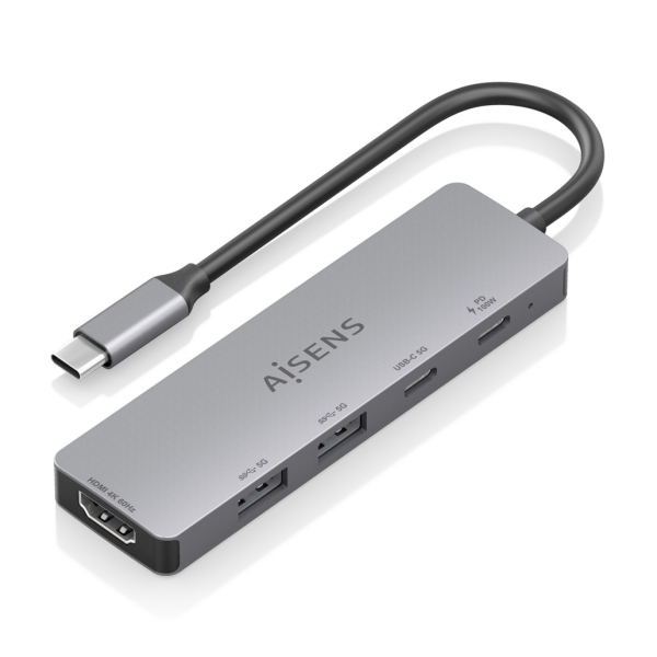 Aisens USB-C Dock 5 en 1 - USB-C a 1xHDMI - 2xUSB-A - 1xUSB-C - 1xUSB-C PD 100W - 15cm - Color Gris