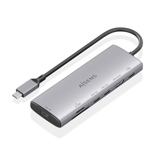 Aisens USB-C Dock 7 en 1 - USB-C a 1xHDMI - 1xUSB-A 10G - 2xUSB-C 10G - 1xSD - 1xMicroSD -  1xUSB-C PD 100W - 20cm - Color Gris