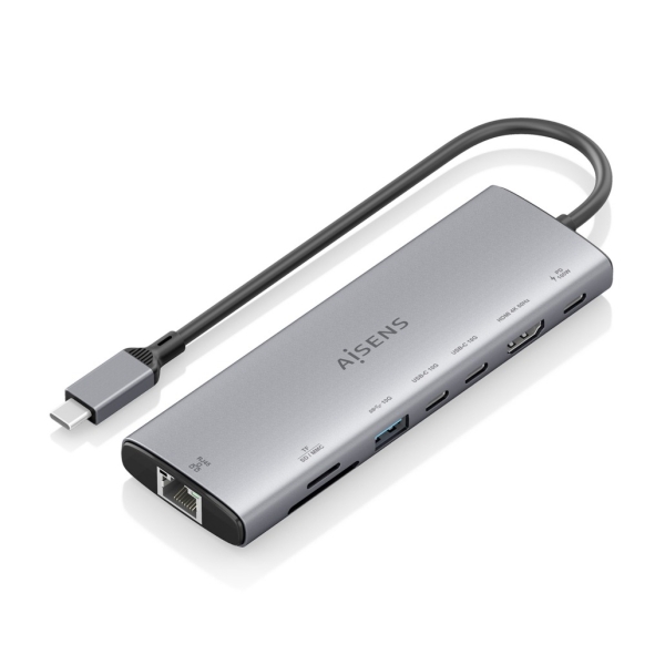 Aisens USB-C Dock 8 en 1 - USB-C a 1xHDMI - 1xRJ45 - 1xUSB-A 10G - 2xUSB-C 10G - 1xUSB-C PD 100W - 1xSD - 1xMicroSD - 20cm - Color Gris