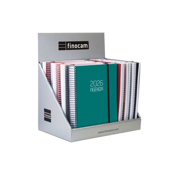 Finocam Expositor con 15 Agendas de Espiral Surtidas - Anual 2026 - Formato E10 - Color Surtidos