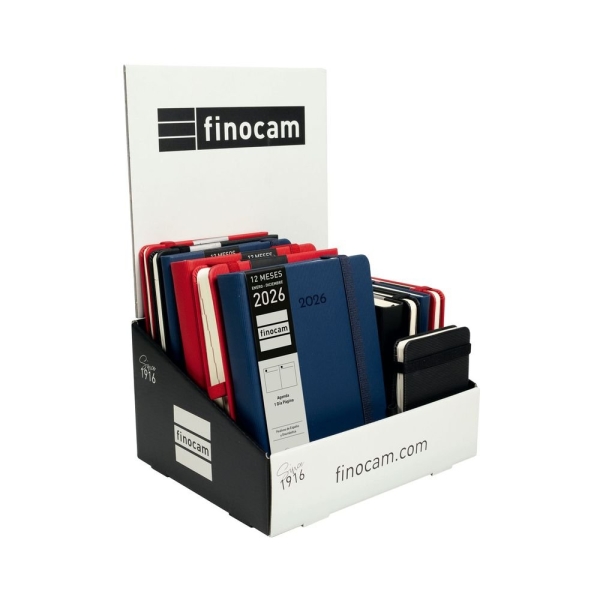 Finocam Minimal Textura Expositor con 12 Agendas Surtidas en Catalan - Anual 2026 - Tapa Dura - Cierre con Goma Elastica - Color Surtidos