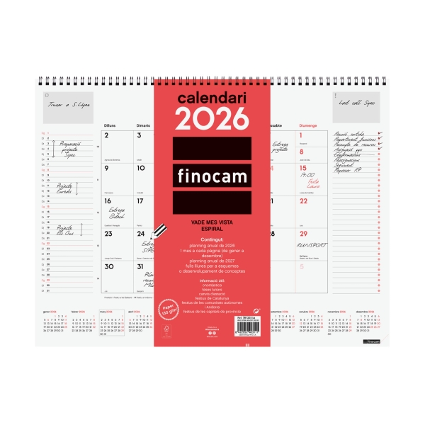 Finocam Vade Calendario de Sobremesa en Catalan - Anual 2026 - con Espiral - 420x8x320mm - Mes Vista - Color Blanco y Rojo