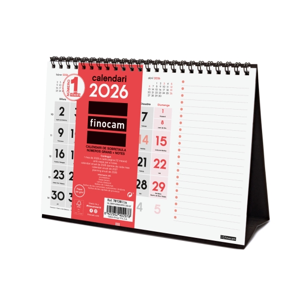 Finocam Calendario de Sobremesa en Catalan - Anual 2026 - Espacio para Notas - 210x70x160mm - Numeros Grandes - Color Blanco y Rojo